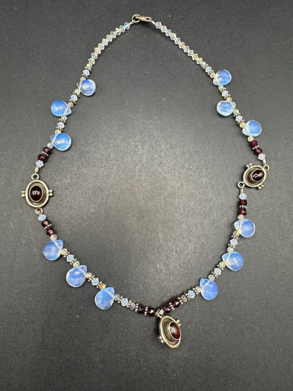 Vintage Estate Sterling Silver Blue Glass Beads & Garnet Accent Beaded Necklace